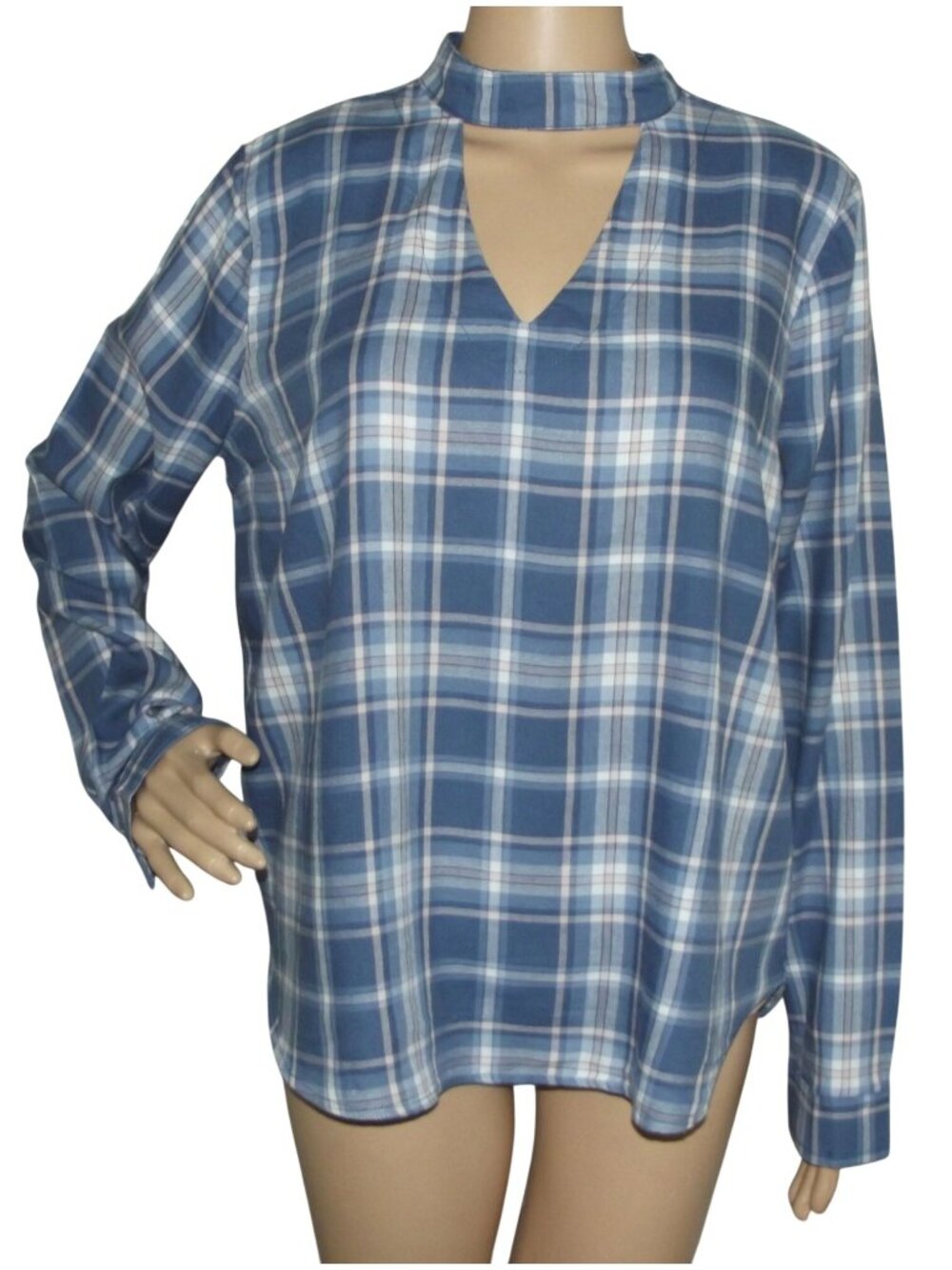 No Comment Blouse Womens XL blue pink plaid choker v-neck long sleeve